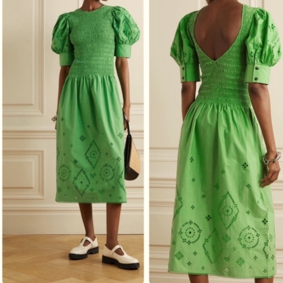 Ganni Backless Shereed Broderie Anglese Kelly Green Smocked Eyelet Midi Dress - Picture 3 of 13